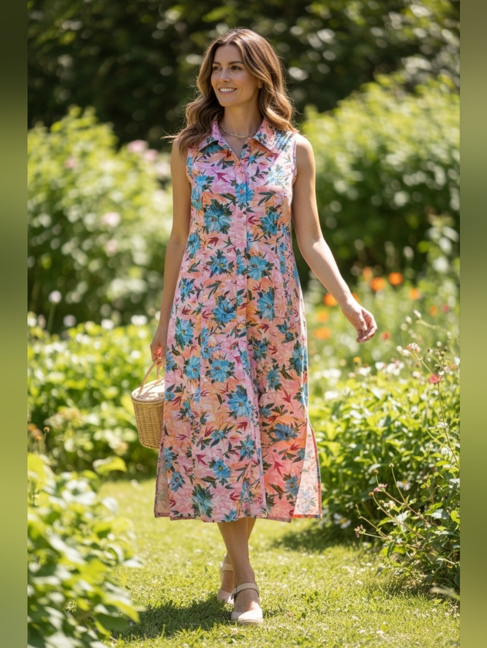 Vintage Sila Cotton Floral Sleeveless Dress - Pink & Blue